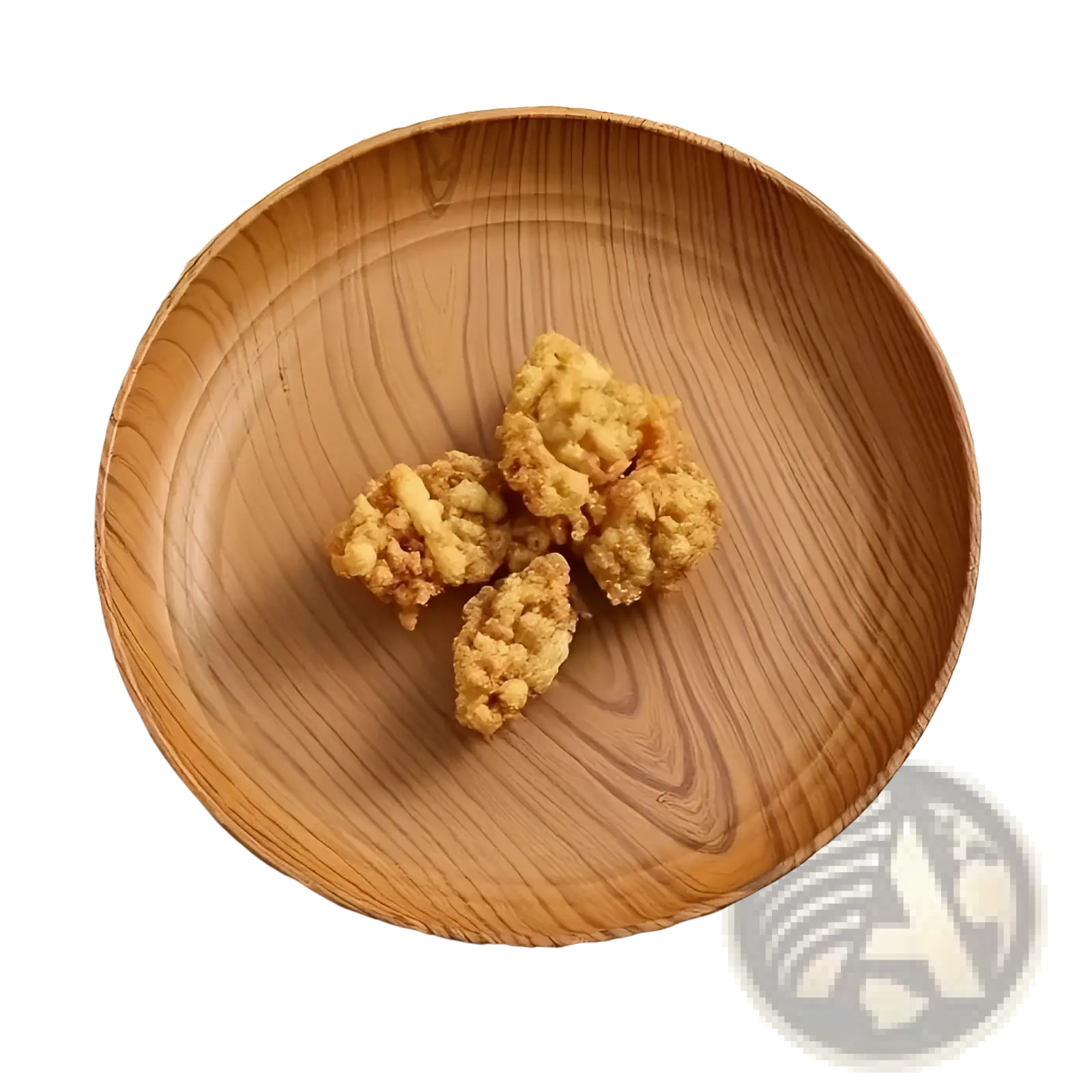 A round light brown wood grain plastic plate with a natural striped design from a 10 piece set