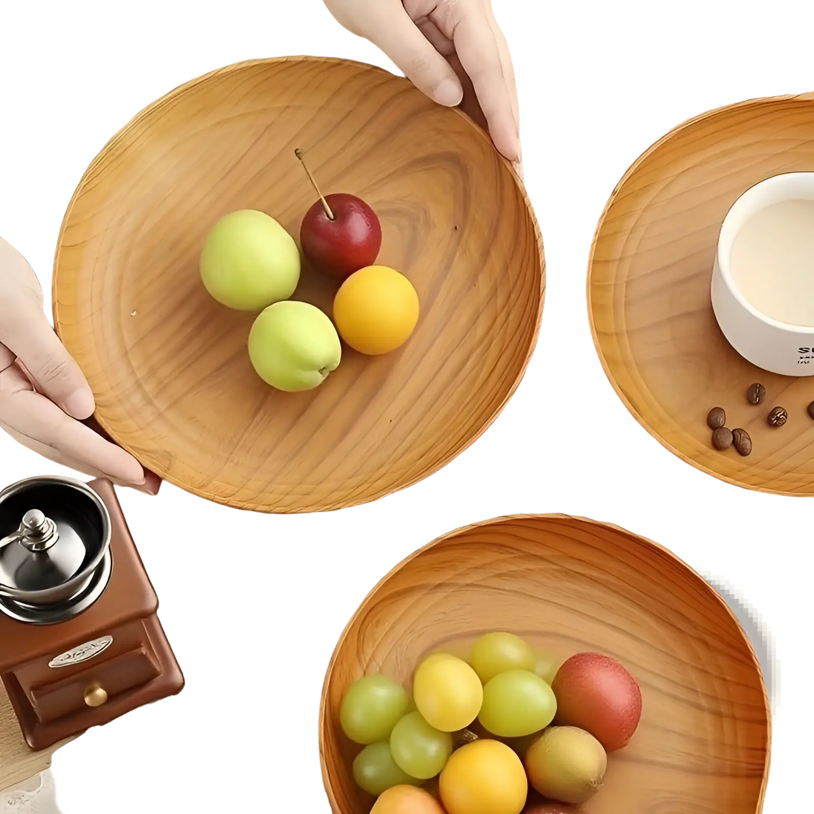 Light brown wood grain plastic plates with natural striped design 10 piece round set