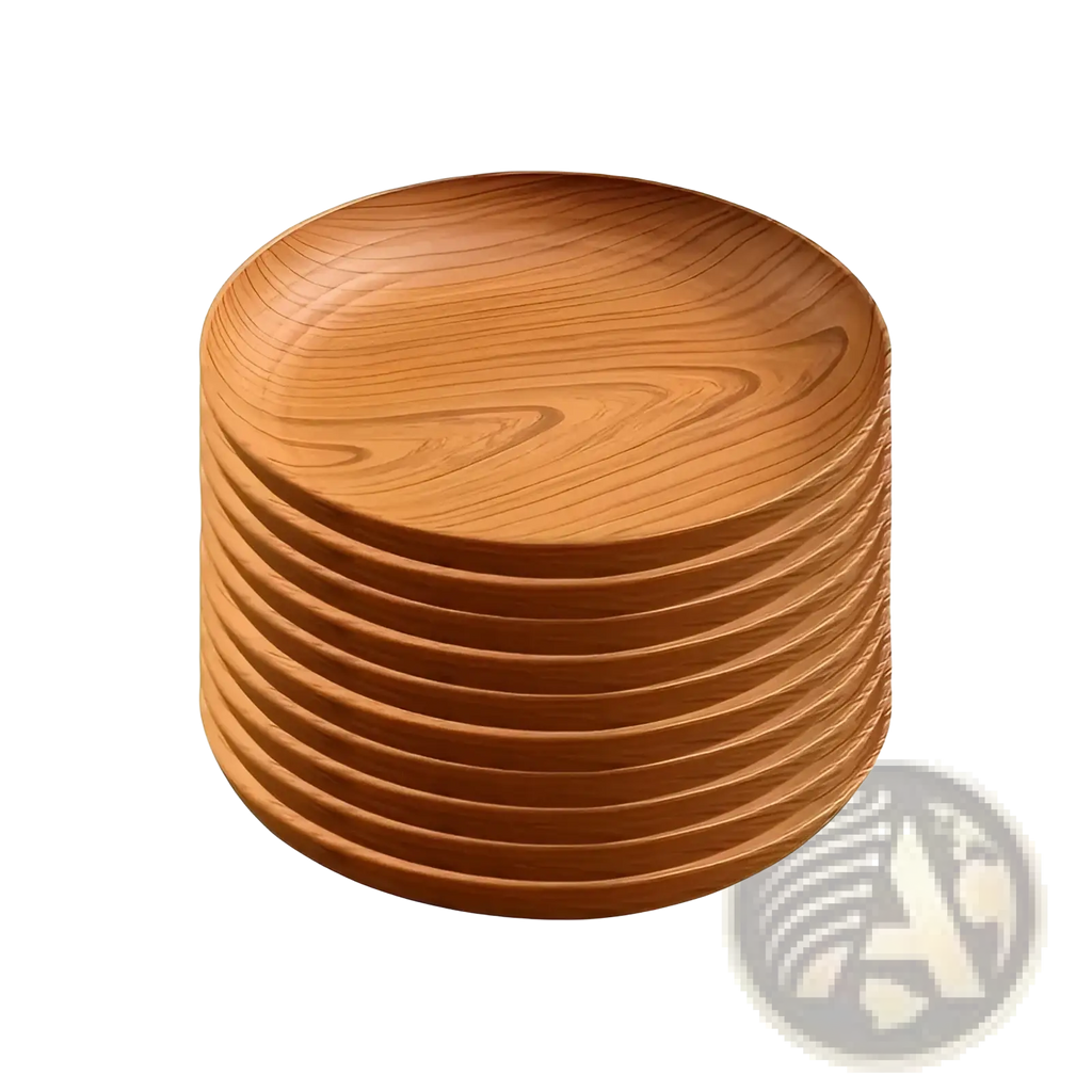 Stack of ten round wood grain plastic plates with a warm natural striped design in brown finish