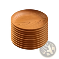 Stack of ten round wood grain plastic plates with a warm natural striped design in brown finish