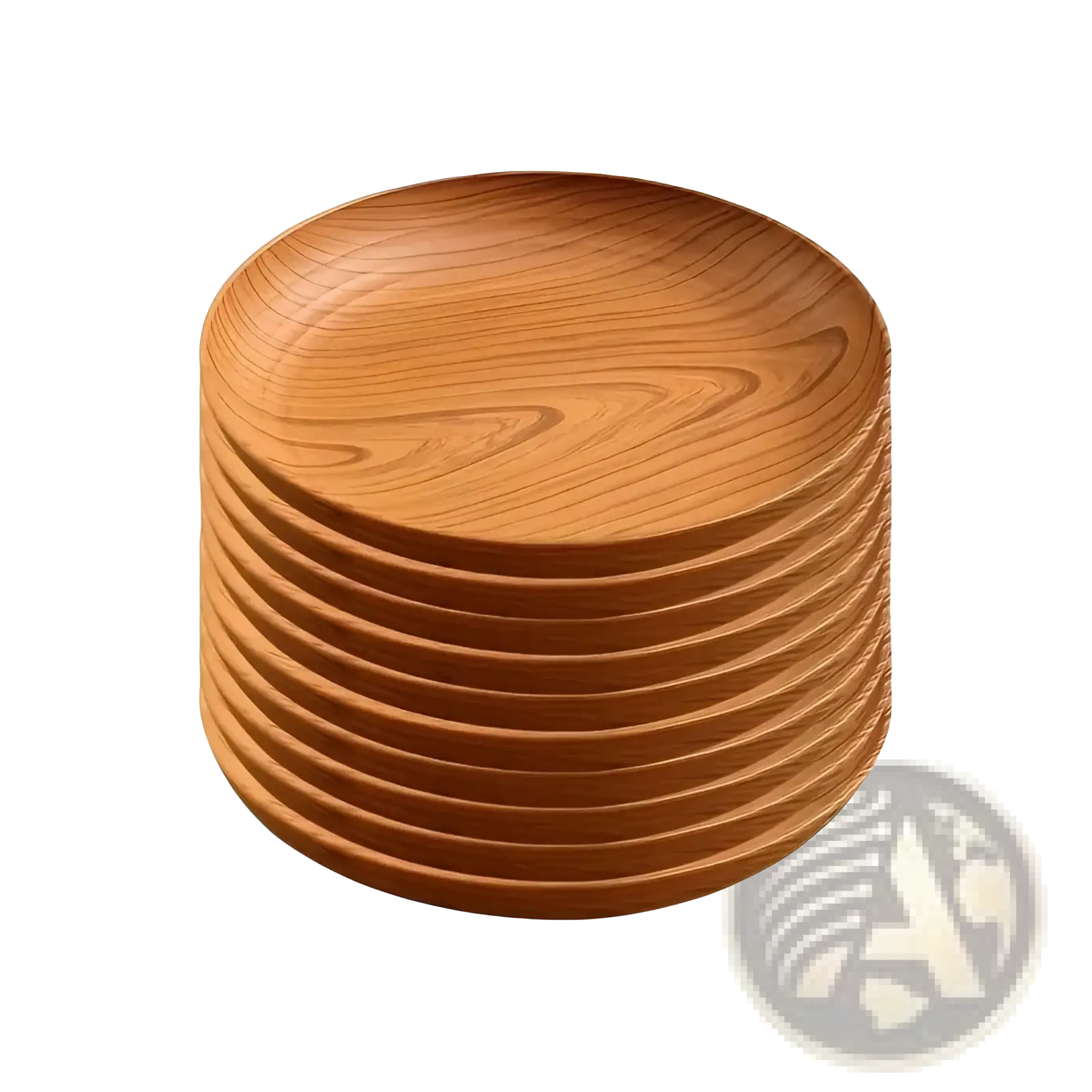 Stack of ten round wood grain plastic plates with a warm natural striped design in brown finish