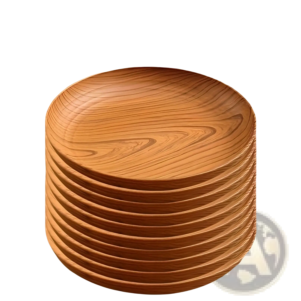 Stack of warm-toned wood grain plastic plates 10pc round striped design with natural grain patterns
