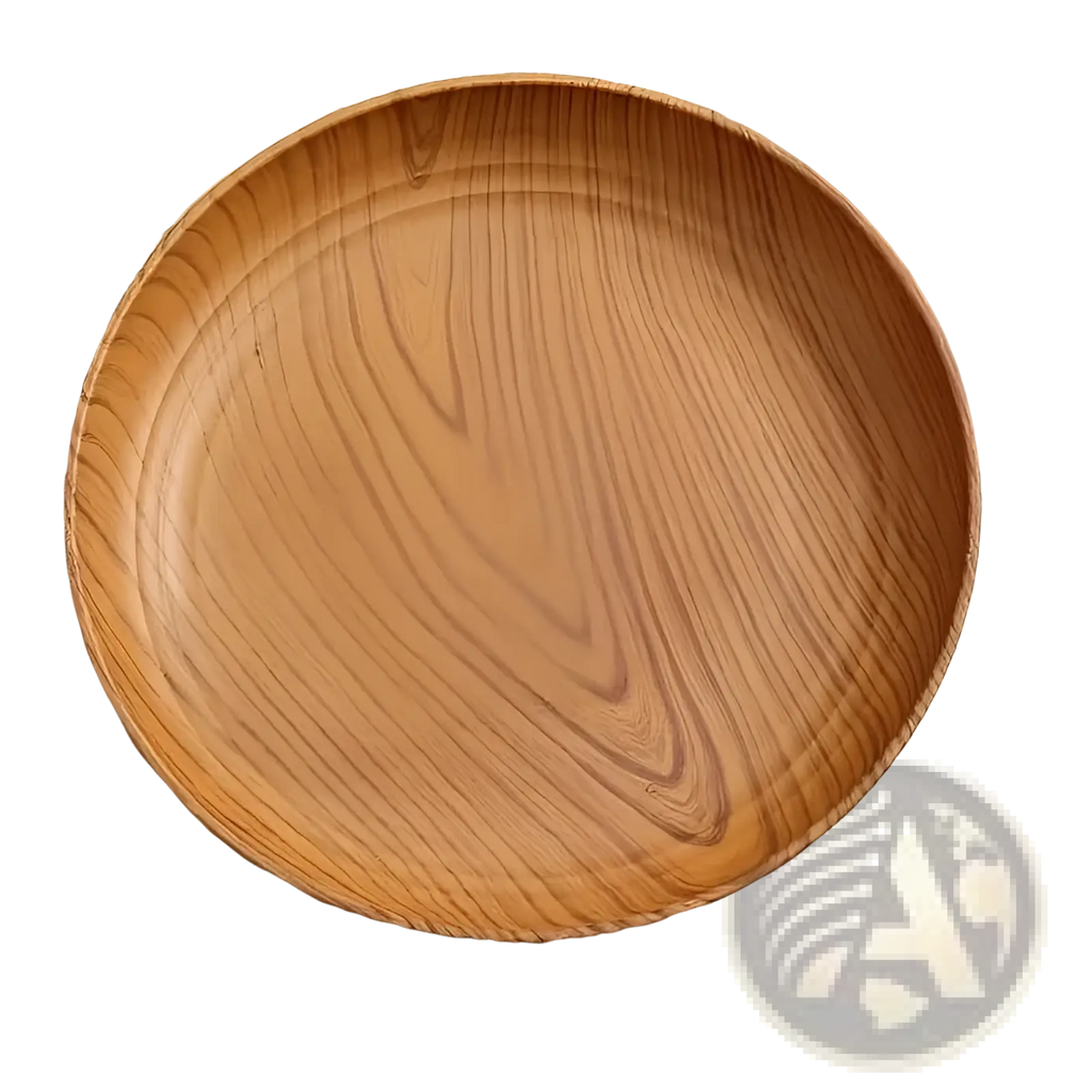 A round light brown wooden plate with visible natural wood grain from a 10pc wood grain plastic striped design set