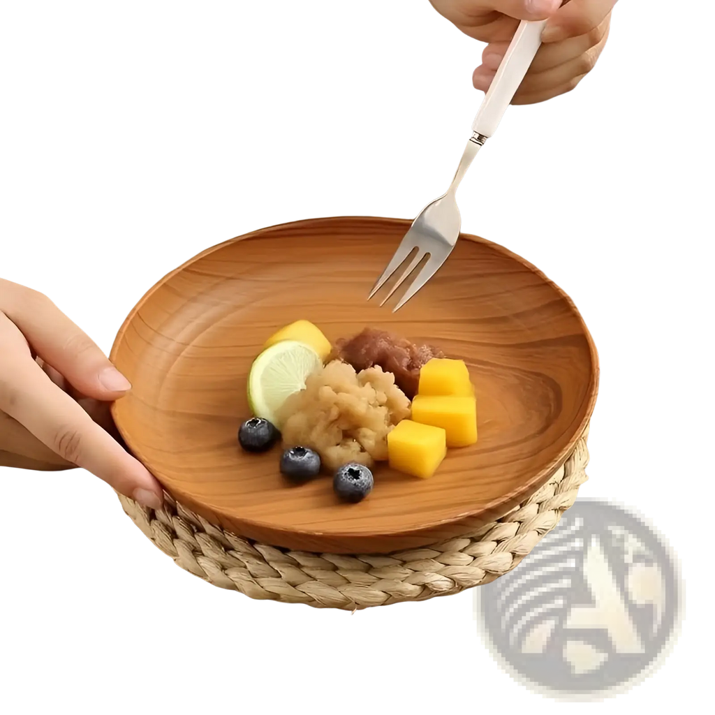 Round wooden plate with natural grain and warm brown finish from wood grain plastic plates 10pc round striped design set