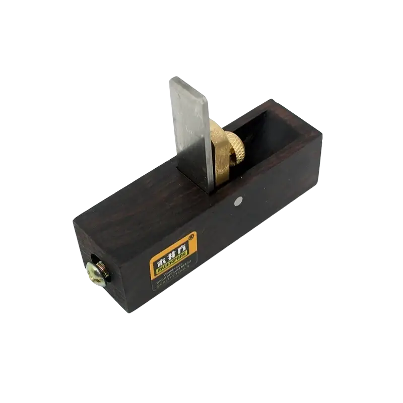 Dark wood-handled wood hand plane with metallic blade and brass adjustment knob for woodworking use