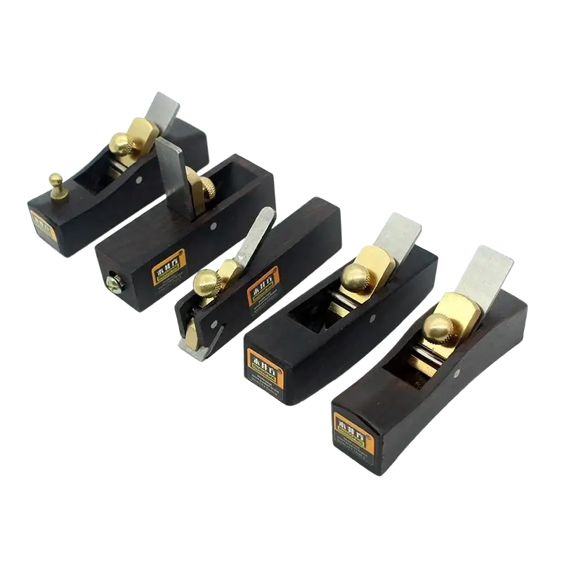 Set of five black ebony wood hand planes with brass and steel components for woodworking craftsmanship