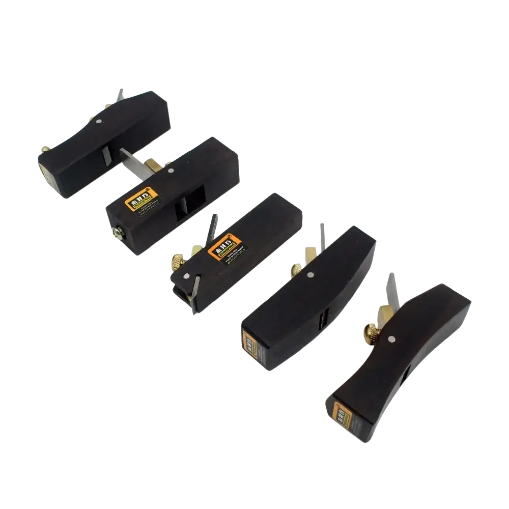 Set of four ebony wood hand planes with black wooden bodies and brass adjustment knobs for woodworking tasks
