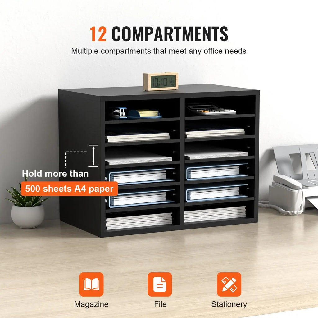 Black plastic wood literature organizer with 12 adjustable compartments holds over 500 sheets of a4 paper