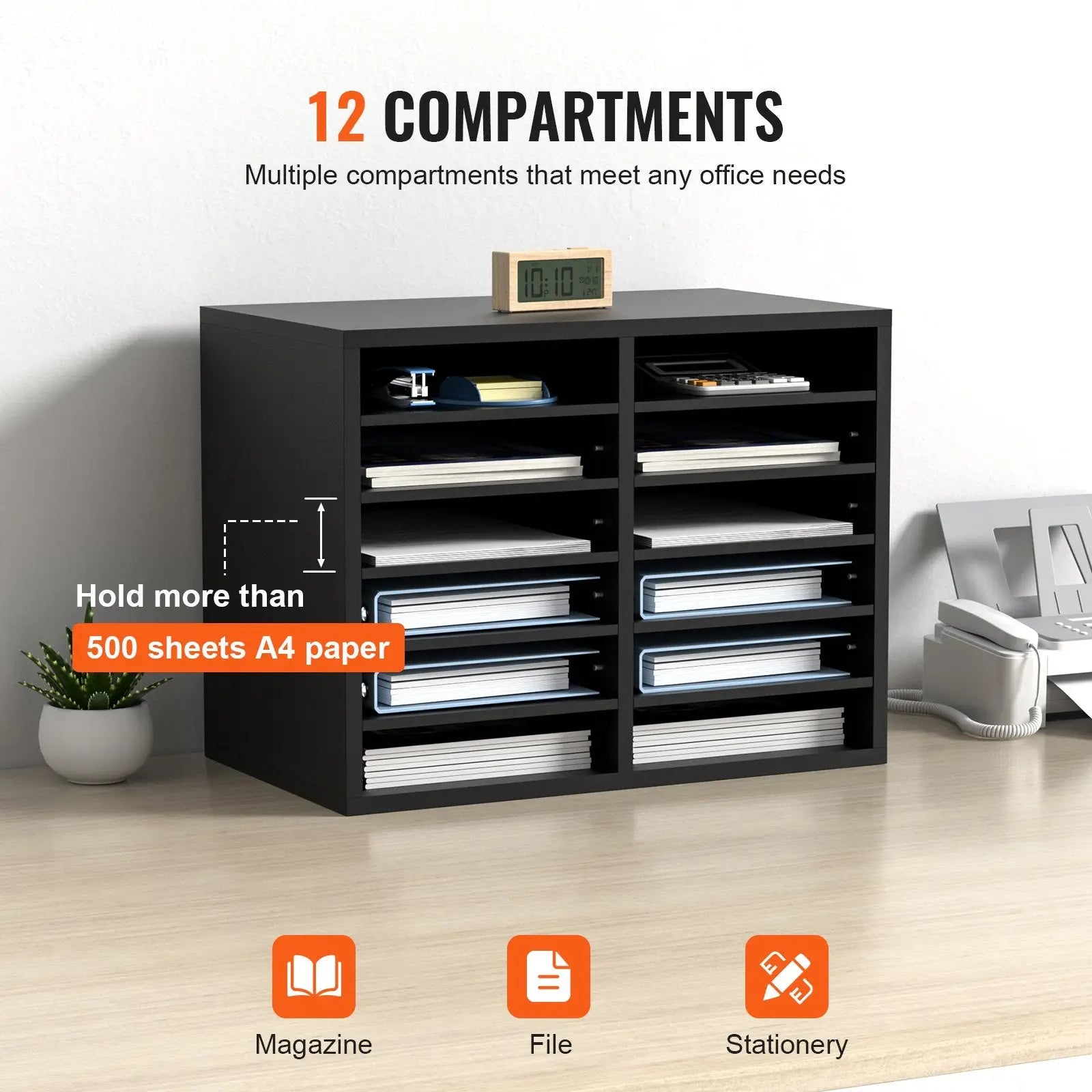 Black plastic wood literature organizer with 12 adjustable compartments holds over 500 sheets of a4 paper