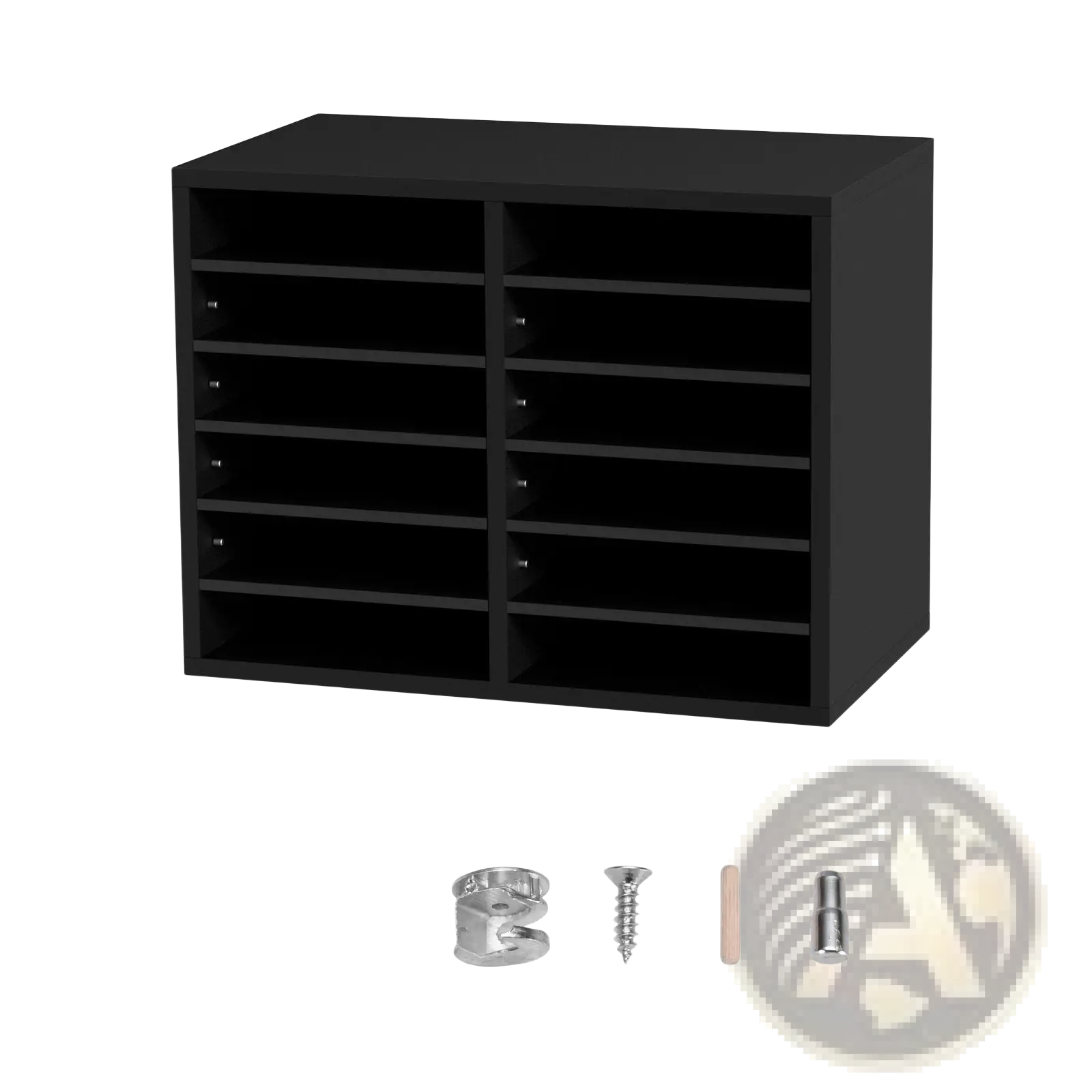 Black rectangular mail organizer with eight compartments made of sturdy plastic for adjustable file sorting
