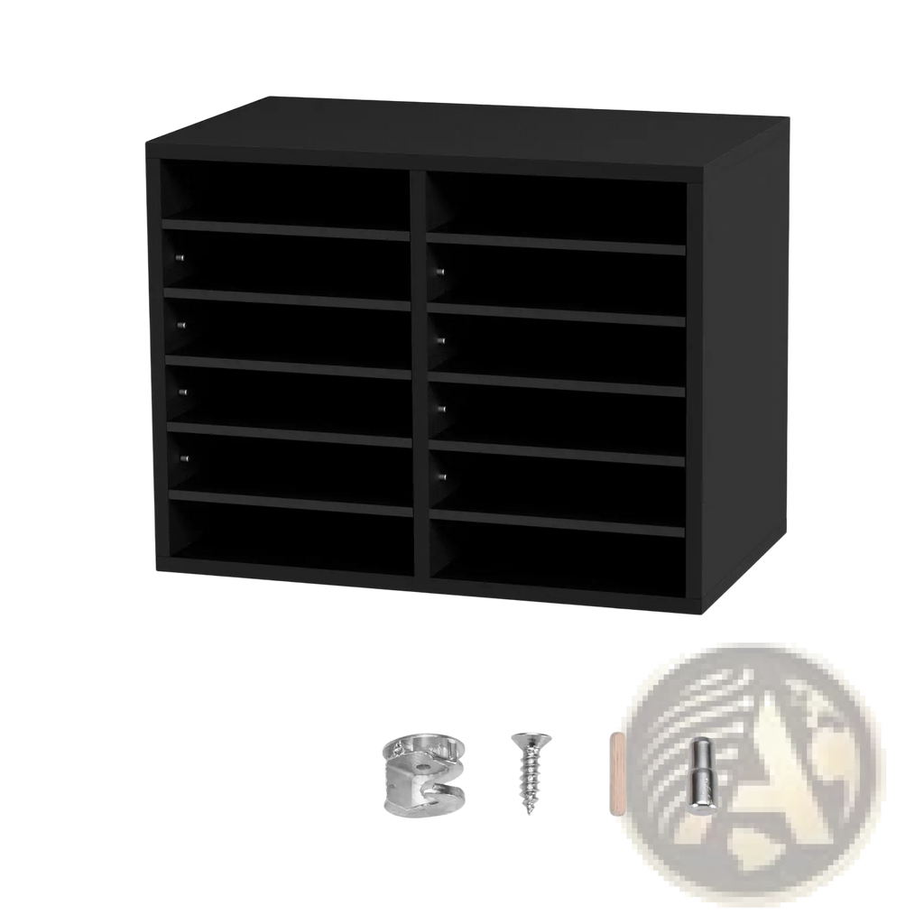 Black rectangular mail organizer with eight compartments made of sturdy plastic for adjustable file sorting