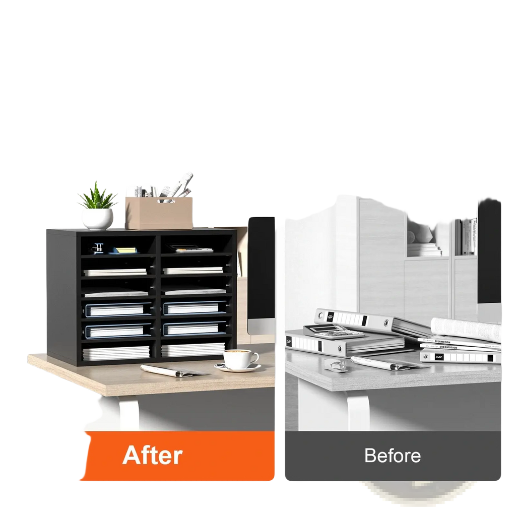 Black wood literature organizer with 12 adjustable slots for neatly storing files and papers in multiple compartments