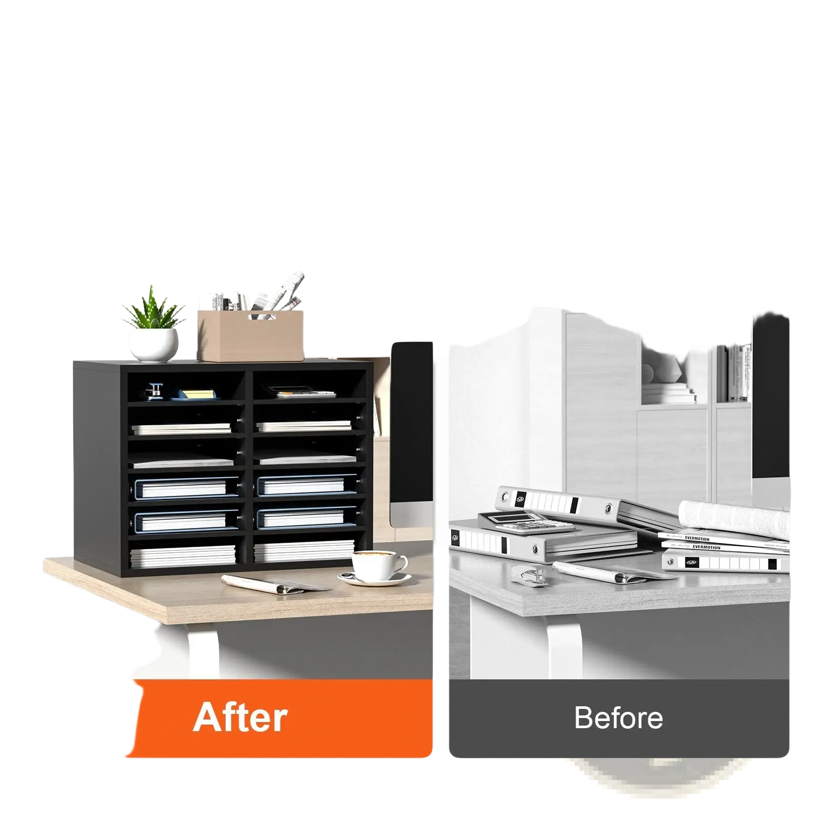 Black wood literature organizer with 12 adjustable slots for neatly storing files and papers in multiple compartments