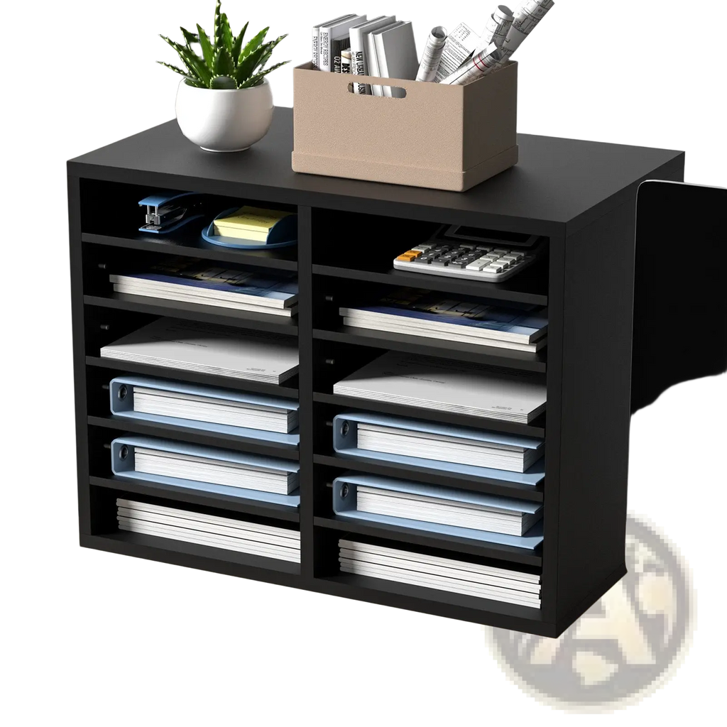 Black wood literature organizer with 12 adjustable slots holding binders documents topped with plant and storage box