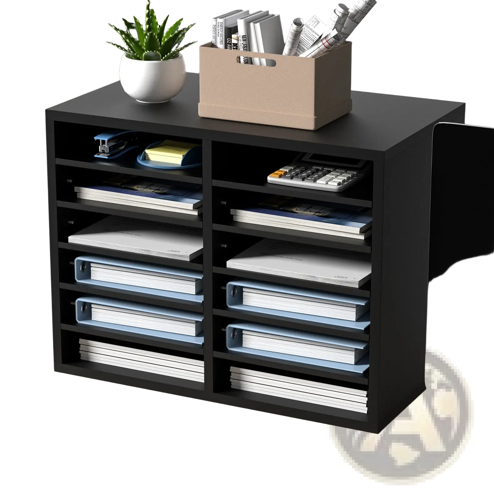 Black wood literature organizer with 12 adjustable slots holding binders documents topped with plant and storage box