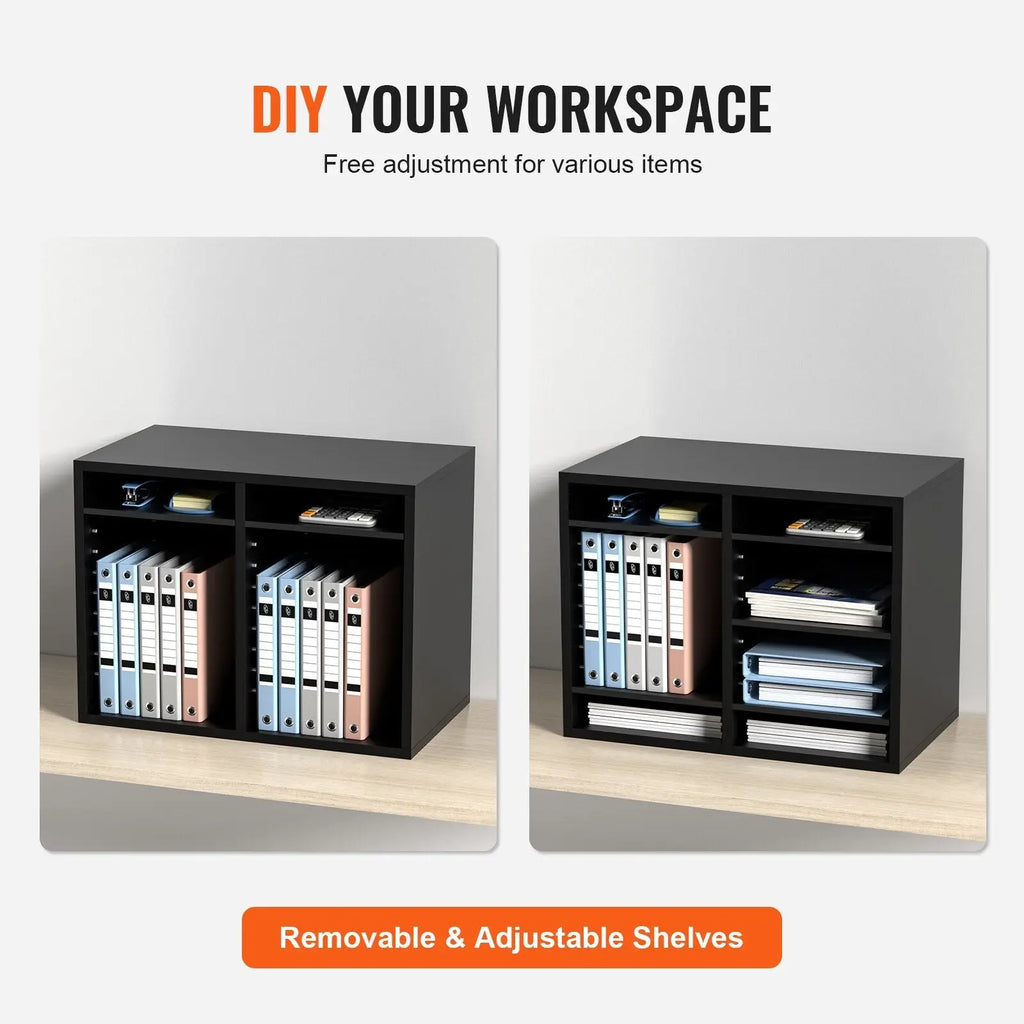 Black wood literature organizer with 12 slots, adjustable shelves, and two open compartments for binder storage