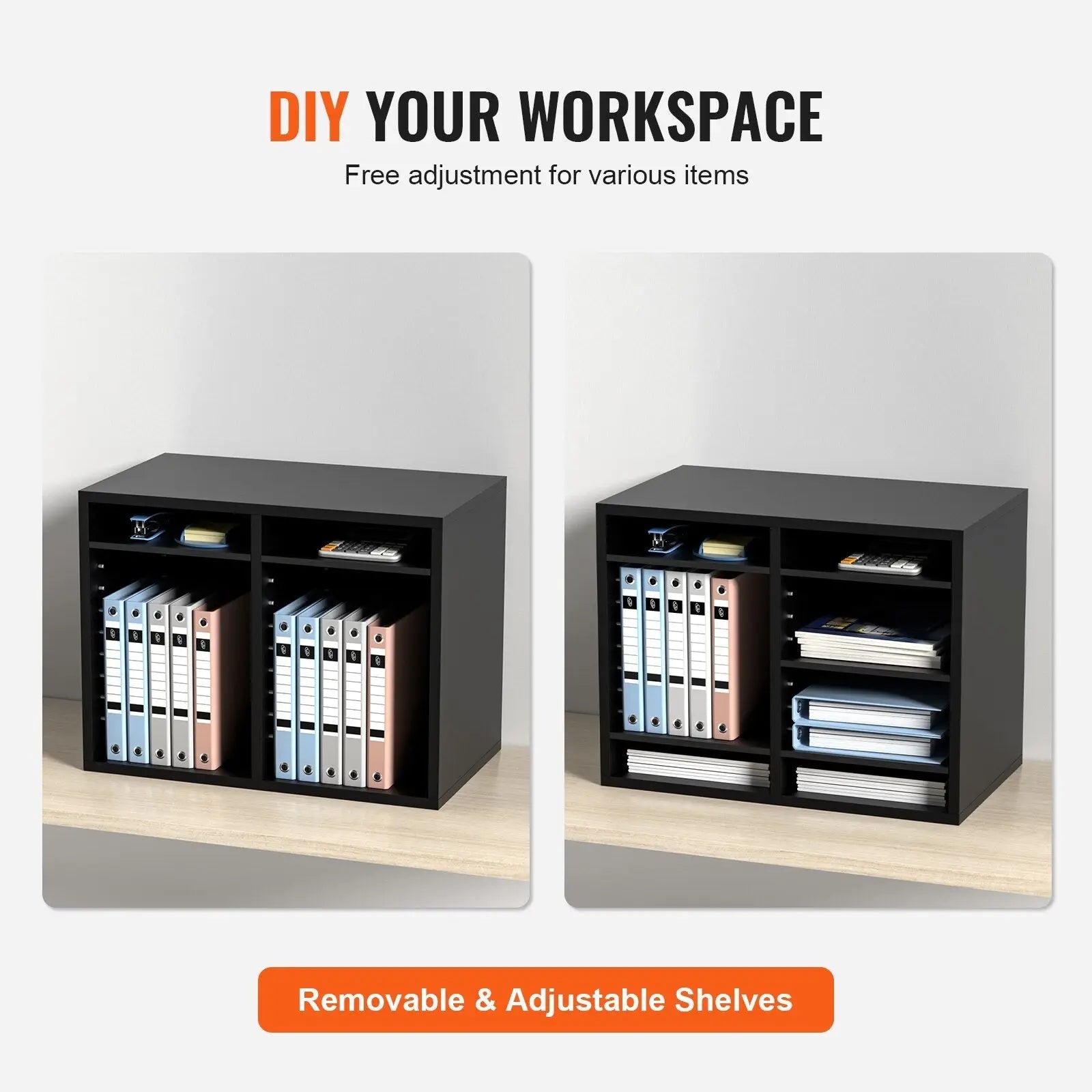 Black wood literature organizer with 12 slots, adjustable shelves, and two open compartments for binder storage