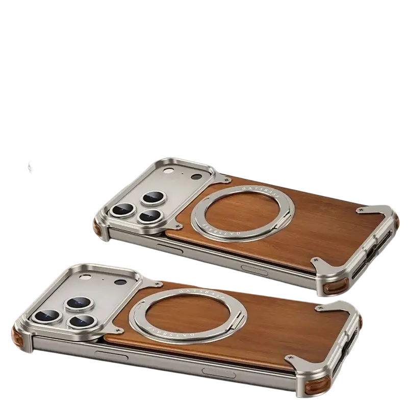 Back side of silver and wood textured iphone case with 360° rotating ring stand magnetic design