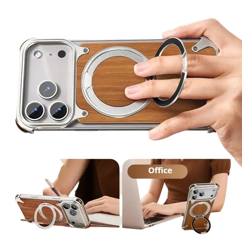 Back of a sleek wooden-textured iphone case with silver metallic frame and 360° rotating ring stand featuring eary logo