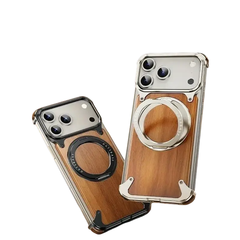 Back side of a solid wood iphone case with natural grain finish featuring a silver 360° rotating ring stand and magsafe magnet