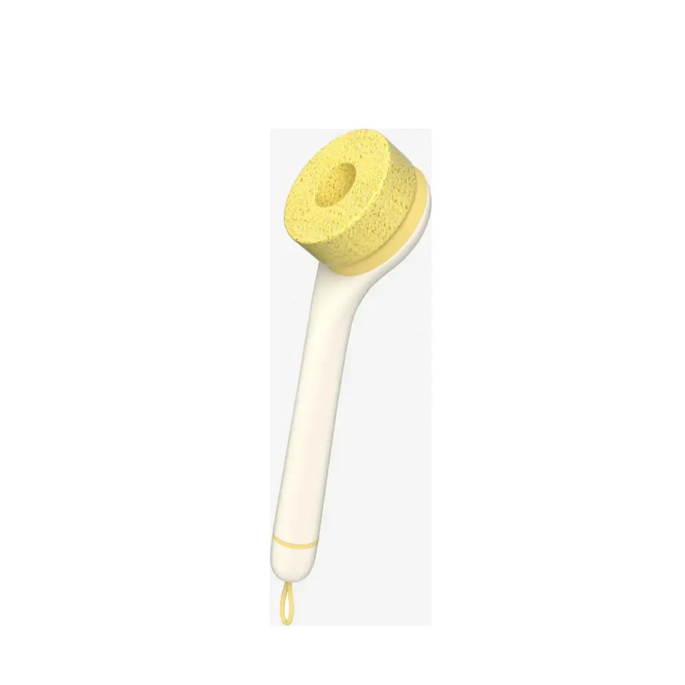 Yellow sponge-backed eco friendly wood pulp kitchen scrub brush with white handle and yellow hanging loop visible from back side