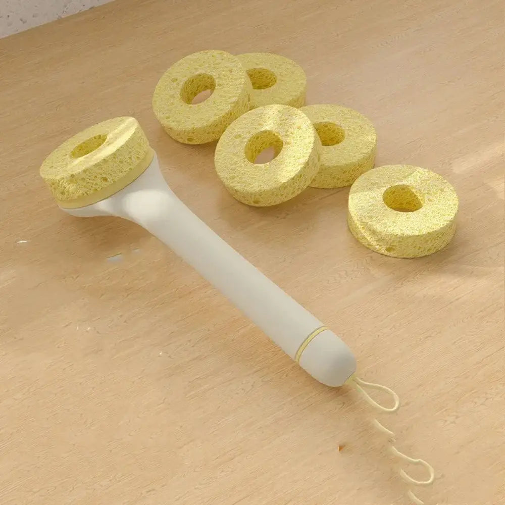 Yellow sponge body brush with white handle and hanging loop eco friendly wood pulp kitchen scrub brush