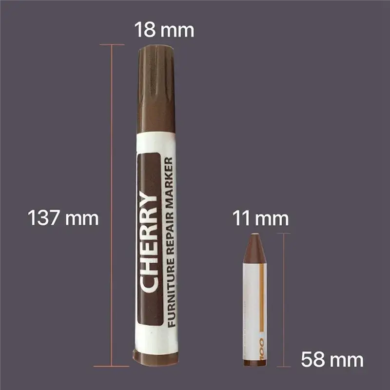 Brown cherry furniture repair marker with white label and textured cap included in wood repair kit with wax sticks