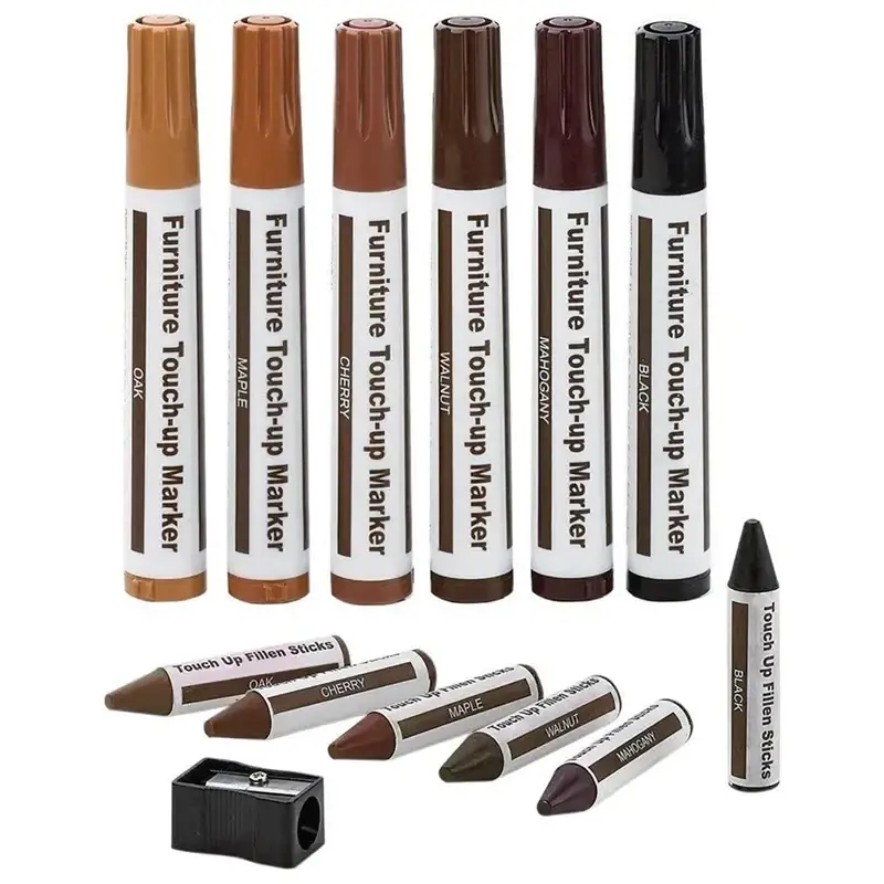 Set of six furniture touch-up markers in oak maple cherry walnut mahogany and black with wax sticks for wood repair kit