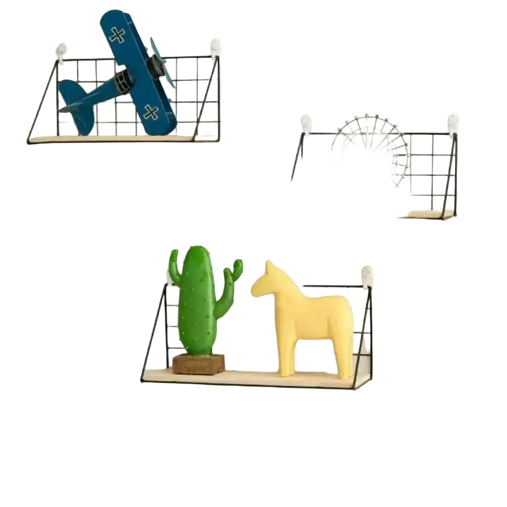 Wood wall shelf with black wire grid shelves and light wood accents holding decorative items like airplane and horse figurines