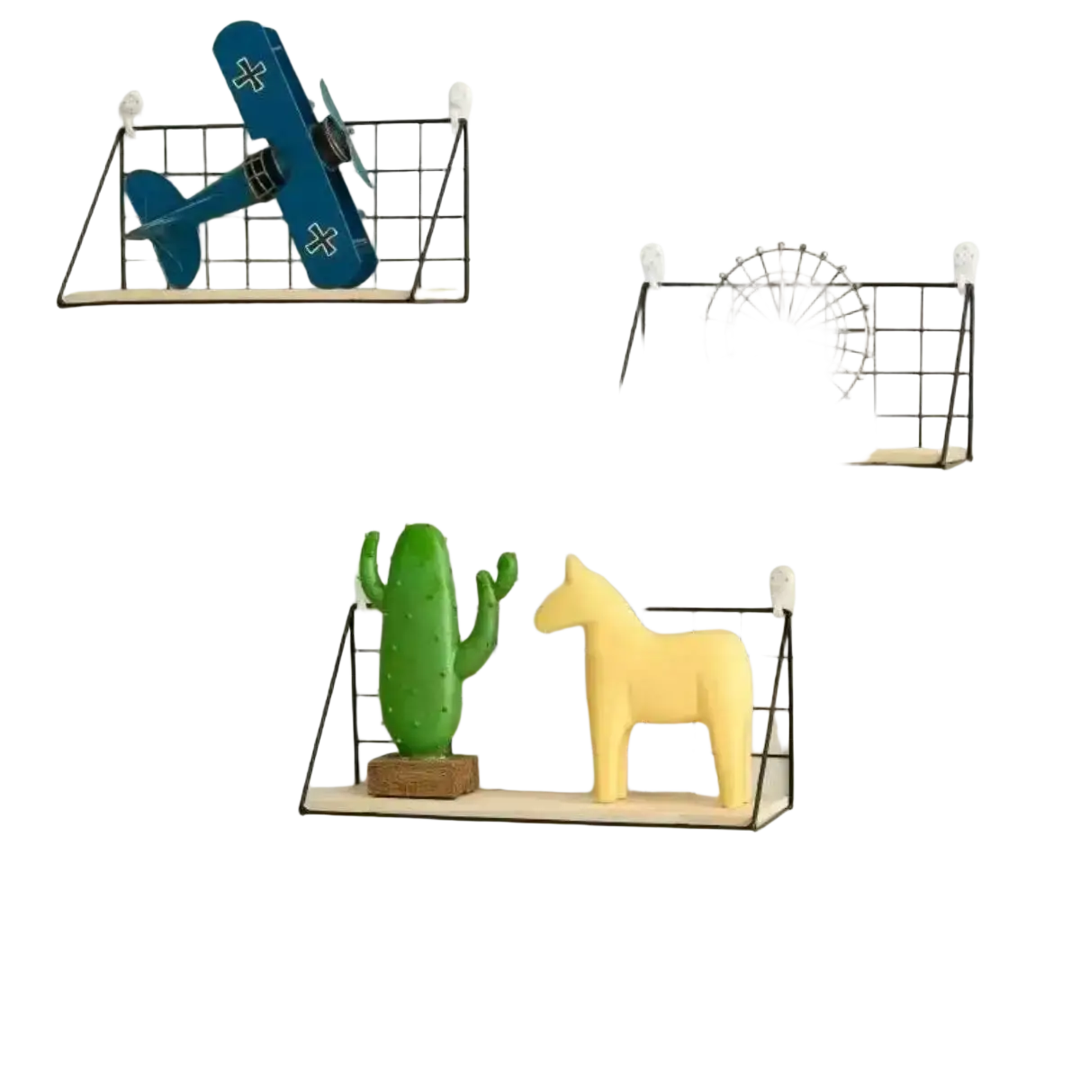 Wood wall shelf with black wire grid shelves and light wood accents holding decorative items like airplane and horse figurines