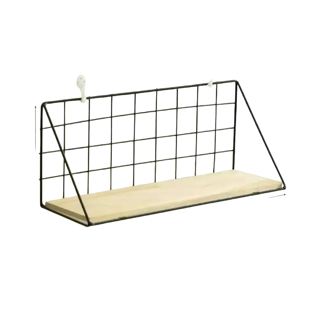 Wood wall shelf with black metal grid wire basket and light wood plank base for organized storage and display