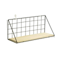 Wood wall shelf with black metal grid wire basket and light wood plank base for organized storage and display