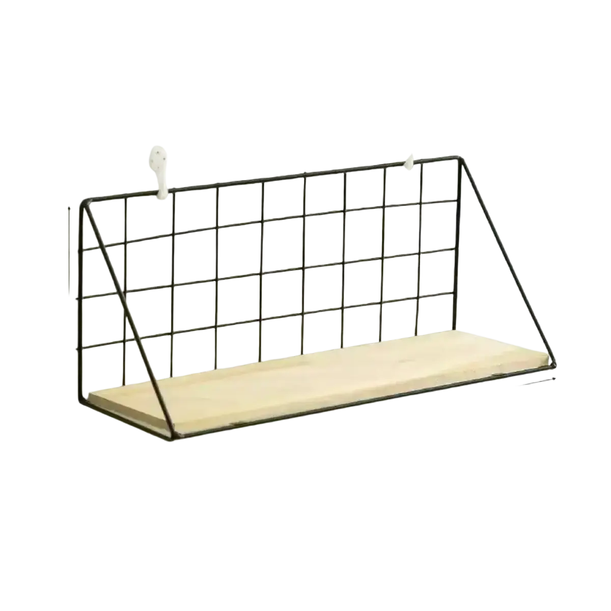 Wood wall shelf with black metal grid wire basket and light wood plank base for organized storage and display