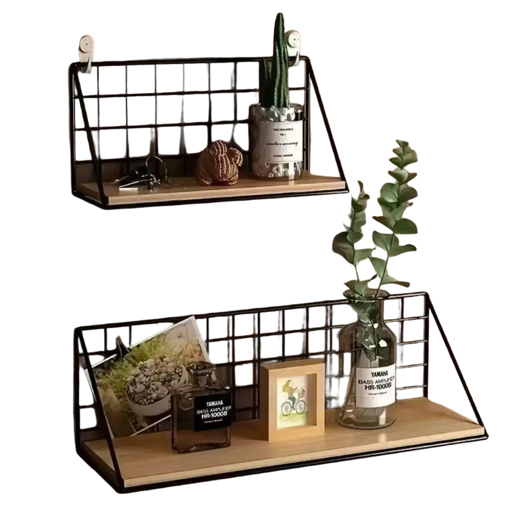 Black metal grid wall shelf with light wood front panel and wire basket storage for organized home display