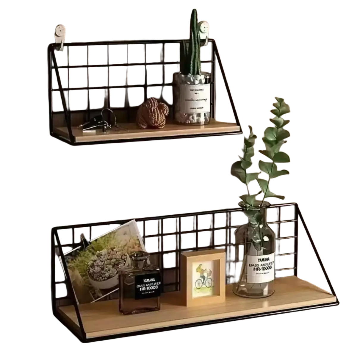 Black metal grid wall shelf with light wood front panel and wire basket storage for organized home display