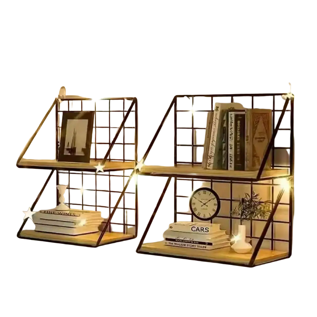 Wood wall shelf with wire basket storage featuring industrial black metal frames and light wood slats illuminated by warm string lights