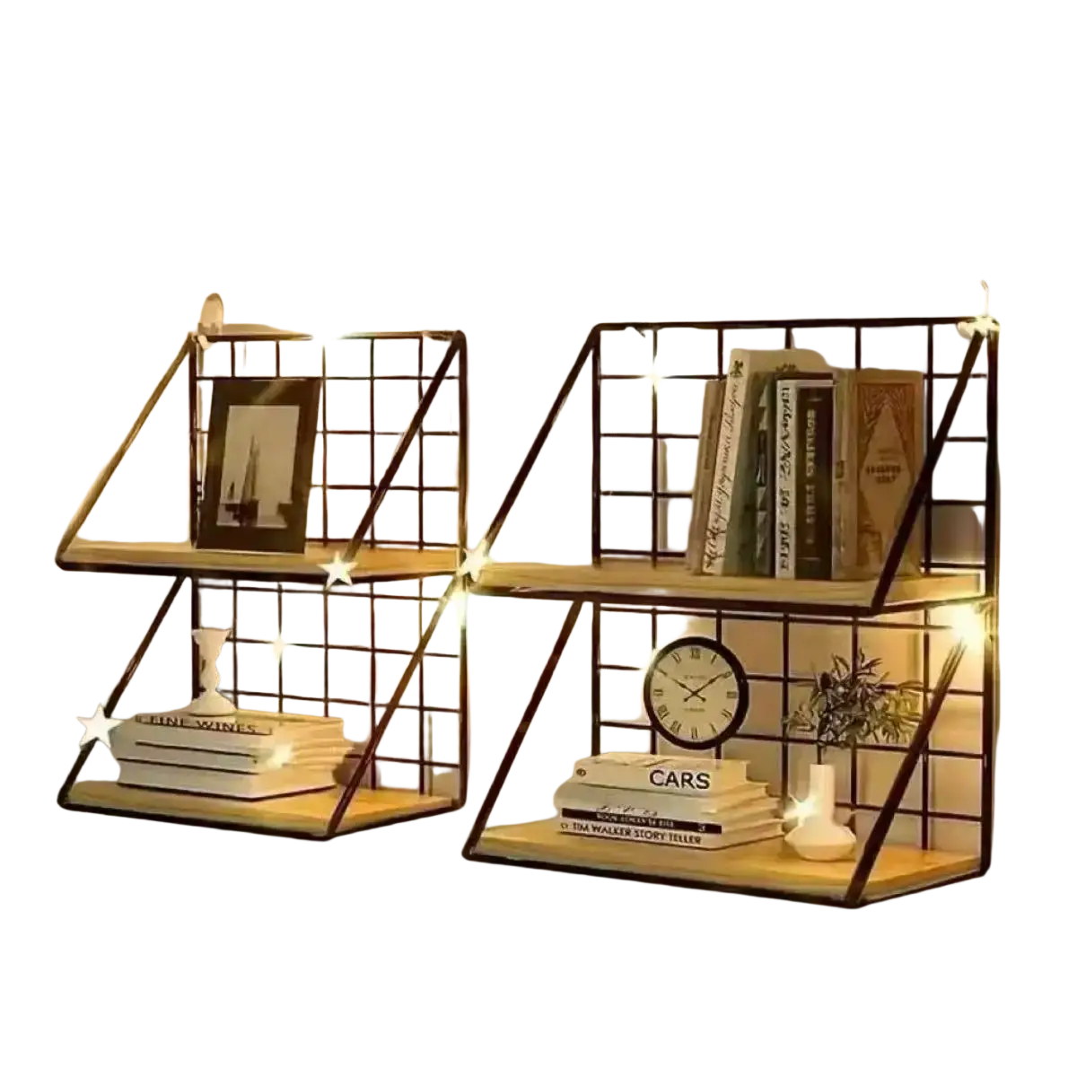 Wood wall shelf with wire basket storage featuring industrial black metal frames and light wood slats illuminated by warm string lights