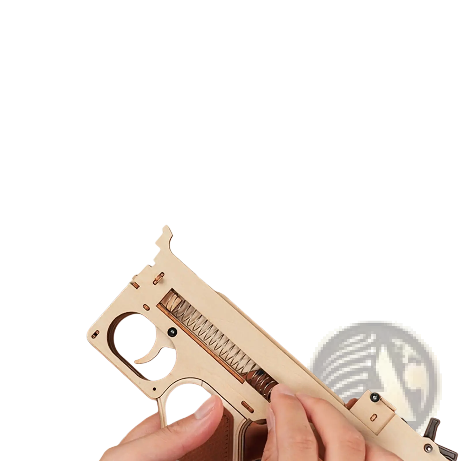 Wooden 3d puzzle submachine gun mechanical model toy with tan finish and brown leather-like grip hand-assembled