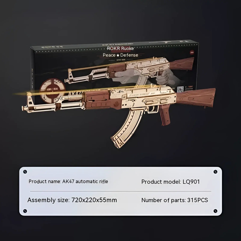 Wooden 3d puzzle submachine gun mechanical model toy ak-47 made of wooden and metallic parts assembled from 315 pieces