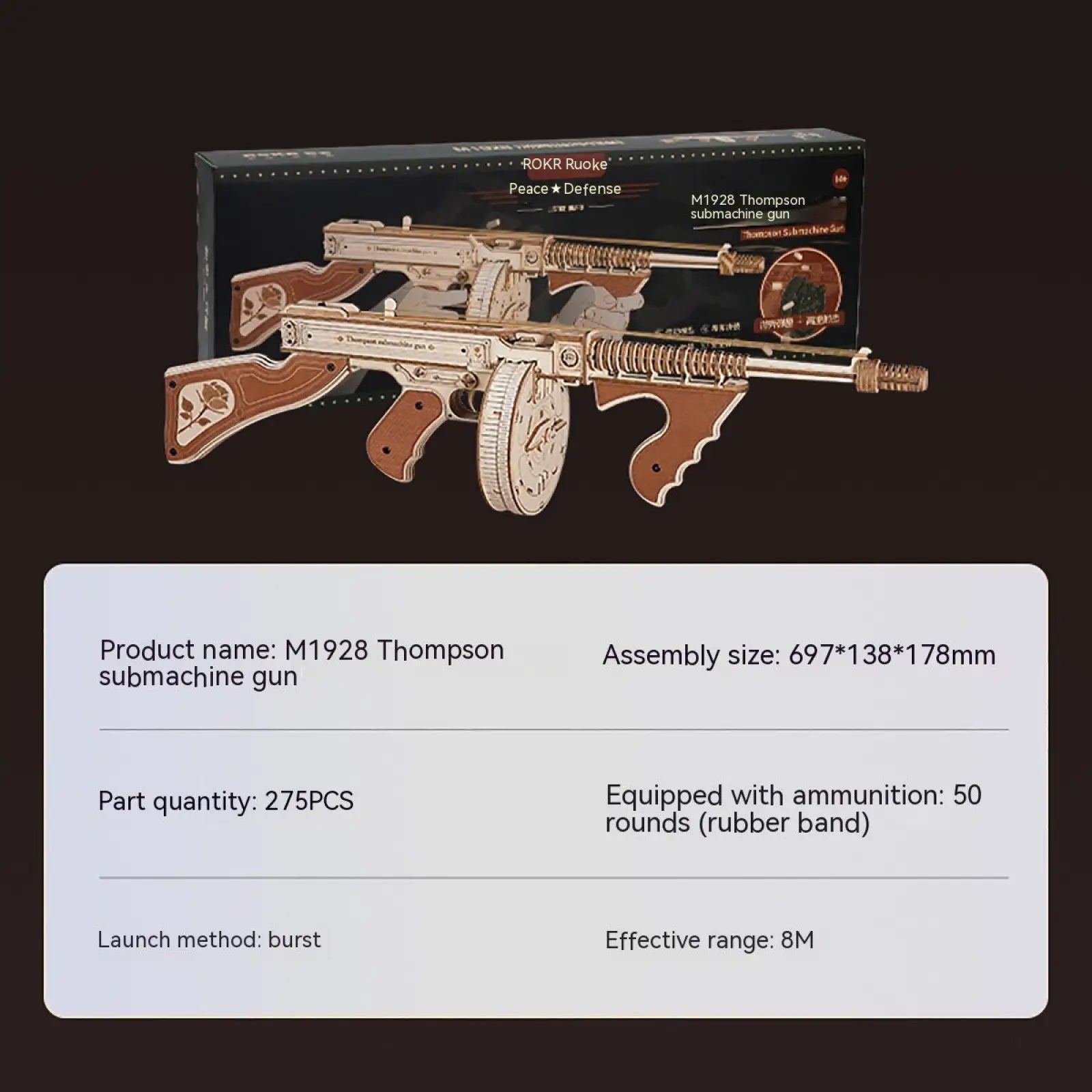 Wooden 3d puzzle submachine gun mechanical model toy with metallic finish and intricate engravings on grip and barrel