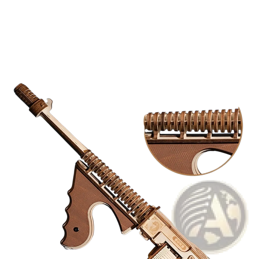 Wooden 3d puzzle submachine gun mechanical model toy with re-engraved classic design and multiple ring barrels
