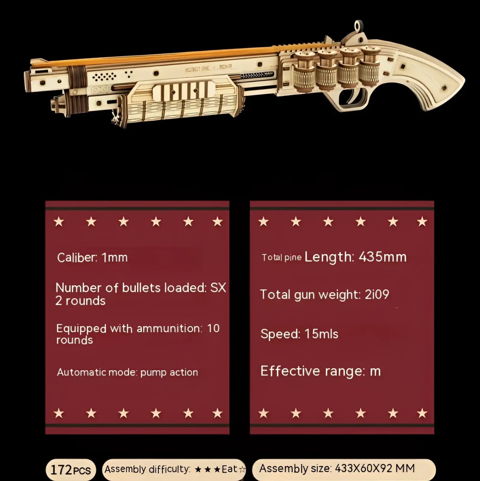 Beige wooden 3d puzzle submachine gun mechanical model toy with detailed pump-action shotgun components and engravings