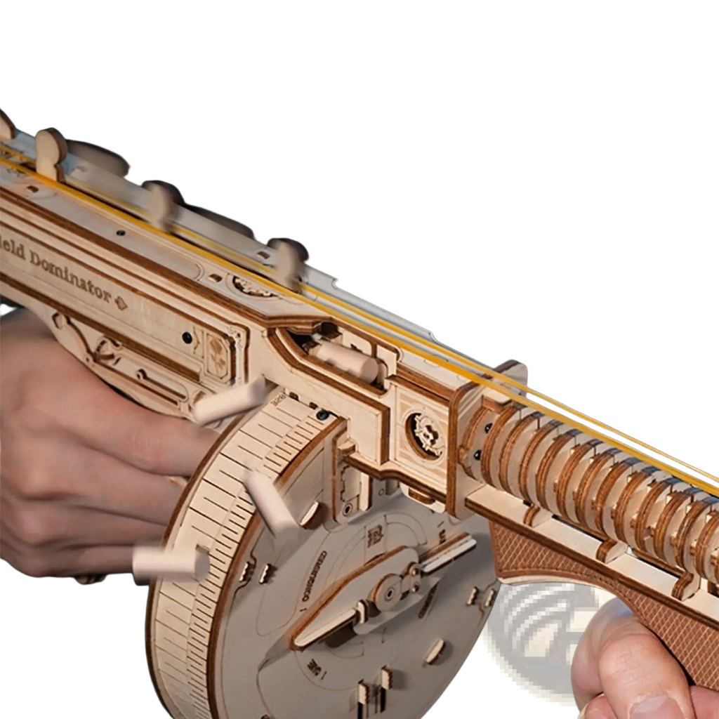 Wooden 3d puzzle submachine gun mechanical model toy with intricate details and gold-colored accents