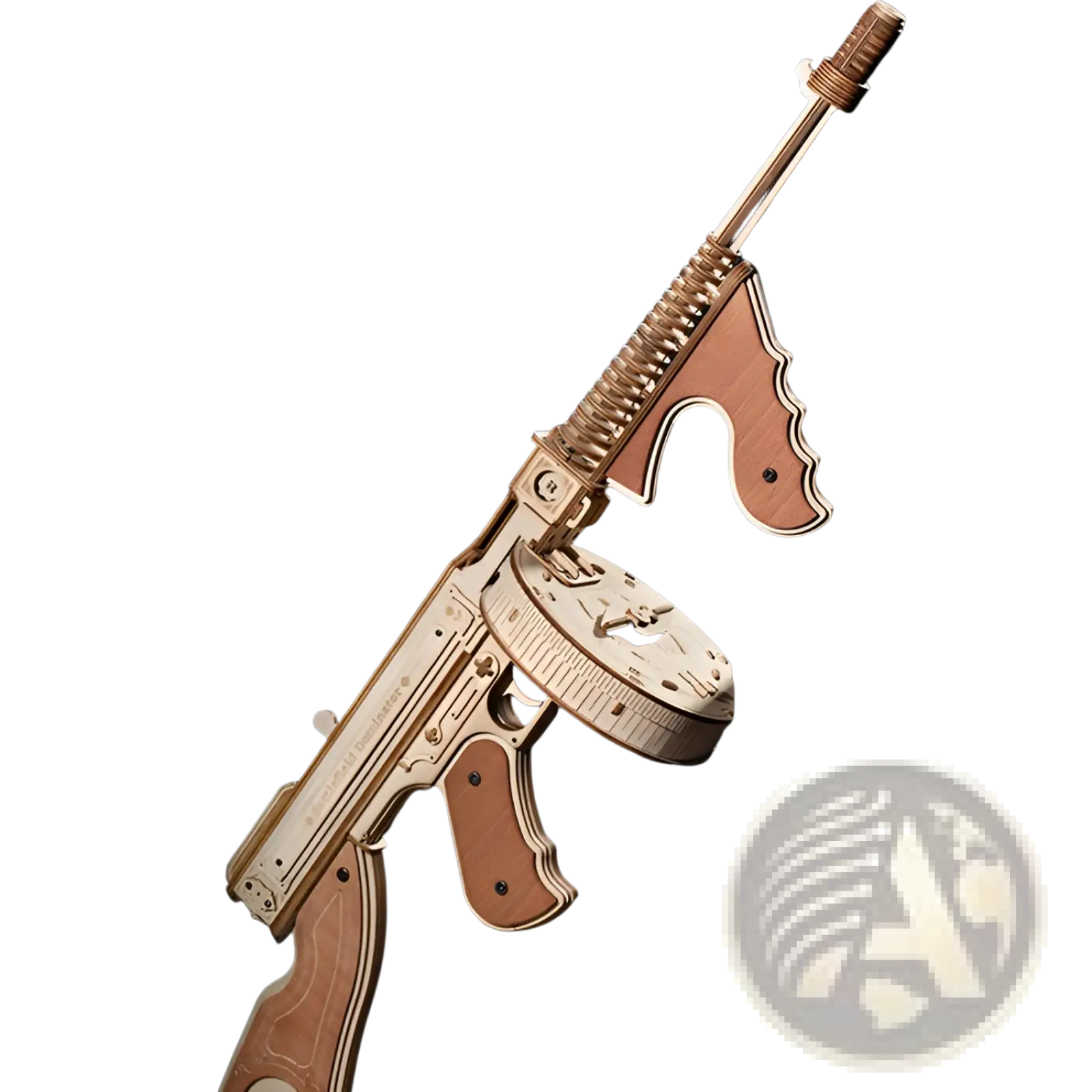 Wooden 3d puzzle submachine gun mechanical model toy in golden m1928 design with brown leather accents made of wood