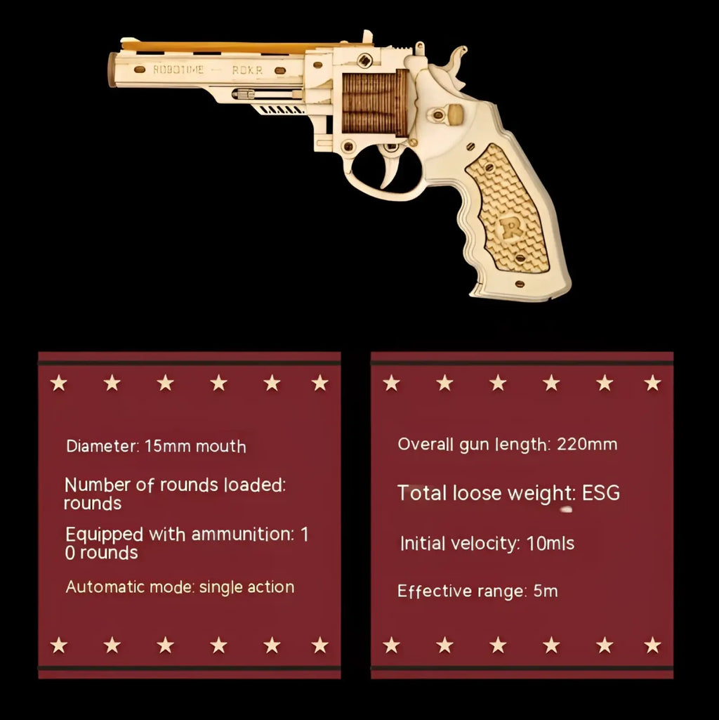 A cream-colored wooden 3d puzzle submachine gun model toy with gold accents and textured grip by Robotime