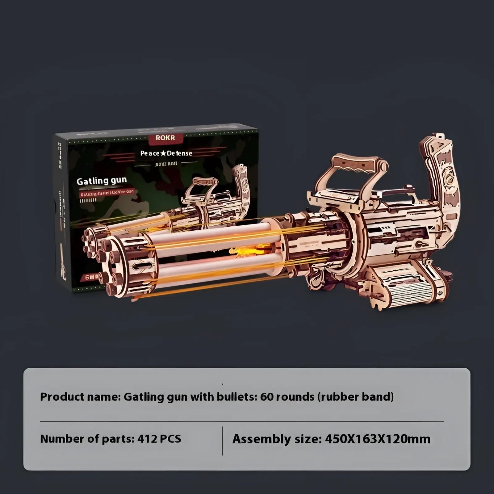 Wooden 3d puzzle submachine gun mechanical model toy in metallic gold with intricate parts and rubber band bullets