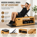 Wooden adjustable weight bench with adjustable backrest and integrated storage for black hexagonal dumbbells