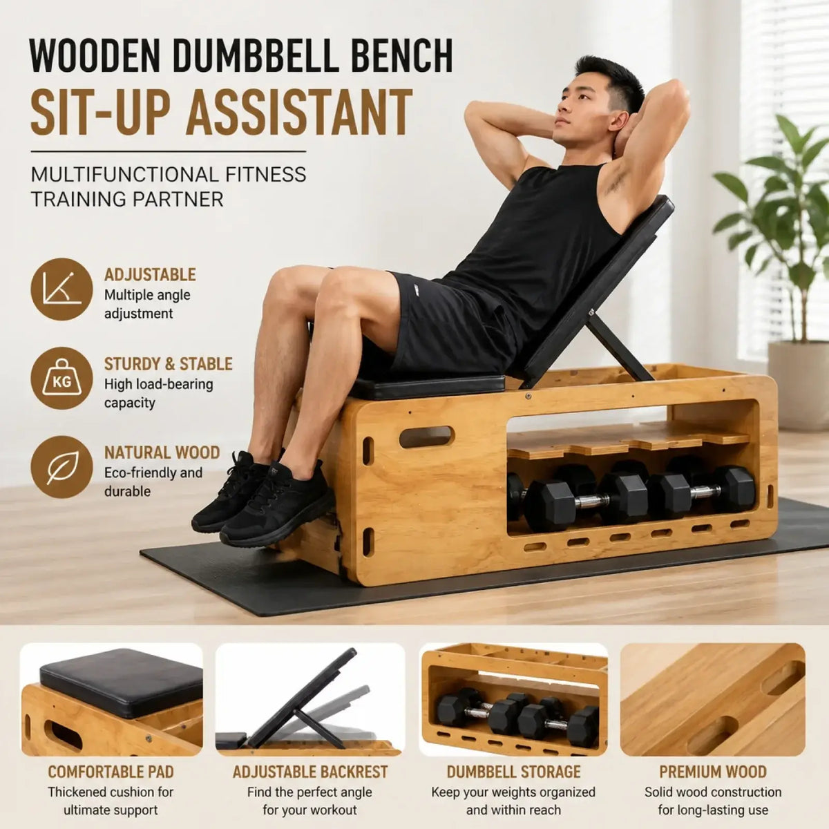 Wooden adjustable weight bench with adjustable backrest and integrated storage for black hexagonal dumbbells