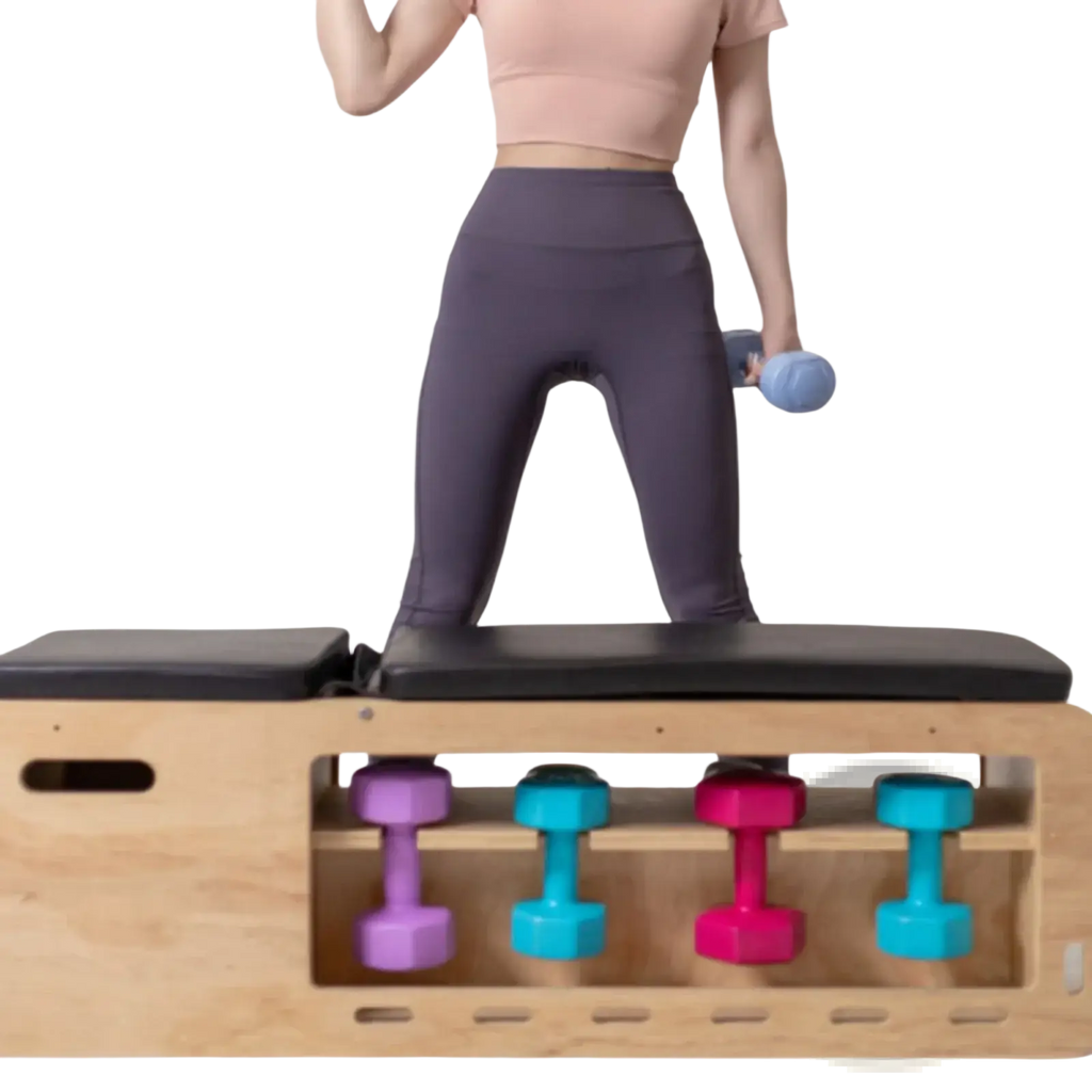 Wooden adjustable weight bench with dumbbell rack holding purple teal and pink plastic dumbbells for home gym fitness