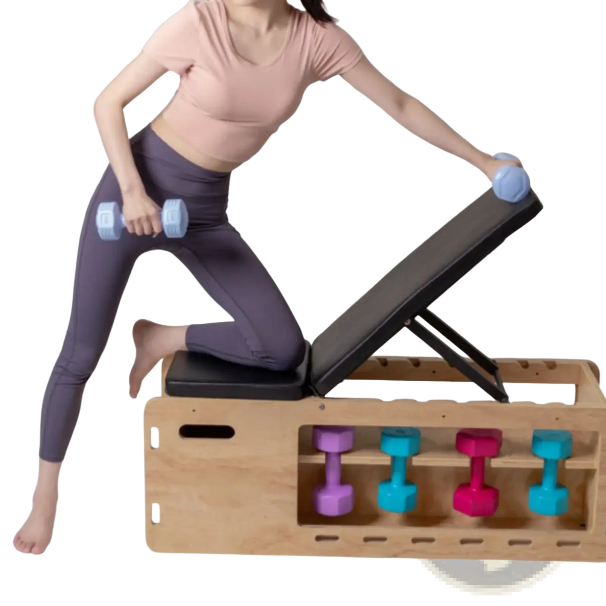 Light blue hexagonal dumbbells with matte finish on wooden adjustable weight bench for home gym fitness